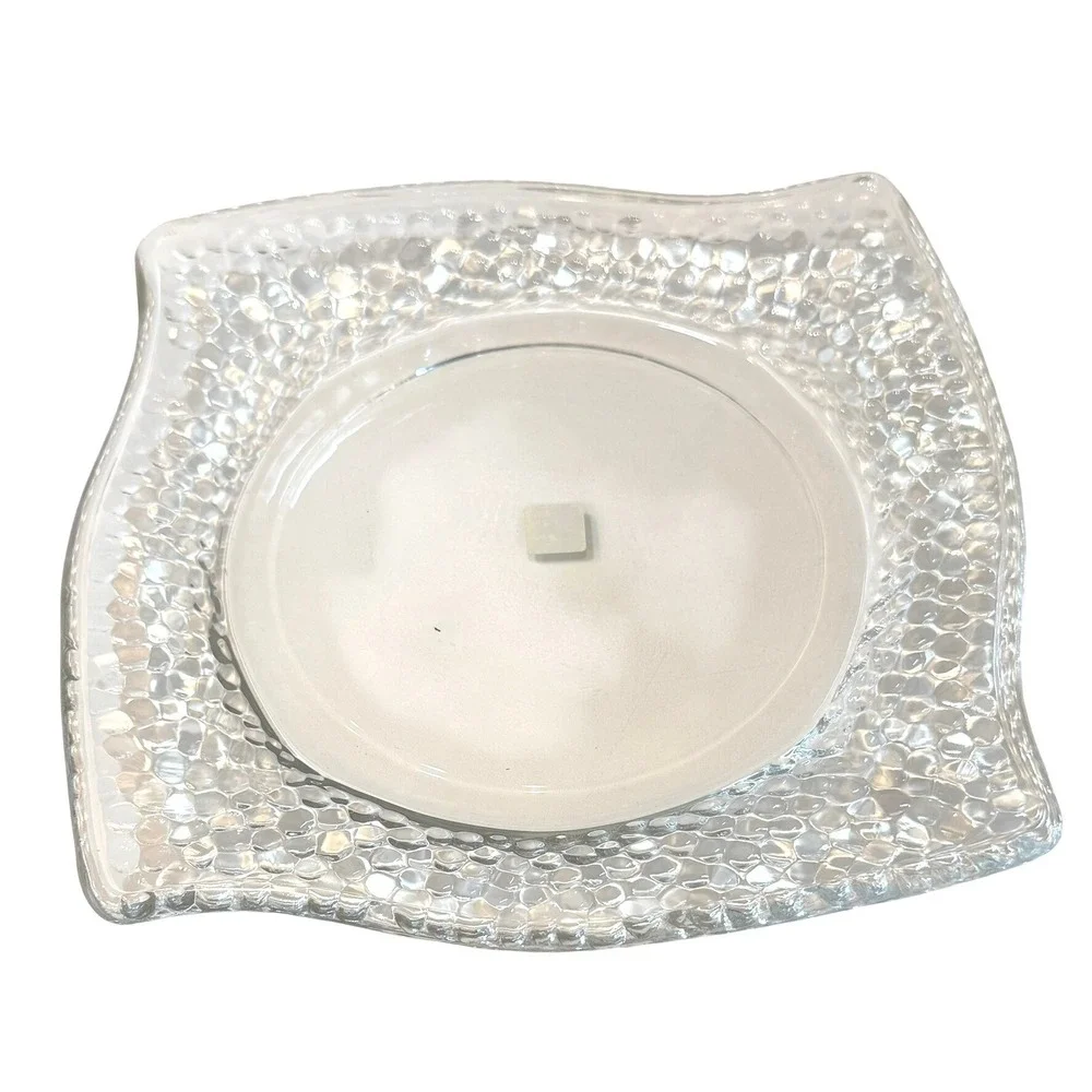PartyLite Clear Textured Glass 3-Wick‎ Candle Holder Plate Wave Edge Table Decor